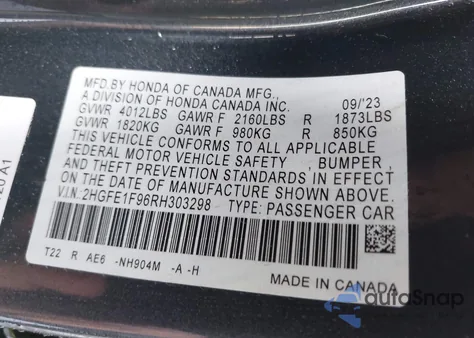 2024 Honda Civic Touring из США, поврежденный, VIN 2HGFE1F96RH303298